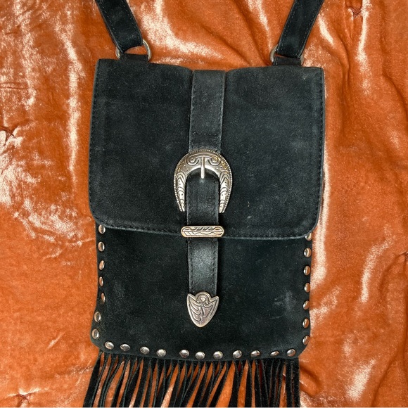 Black faux suede crossbody with fringe - Picture 3 of 6